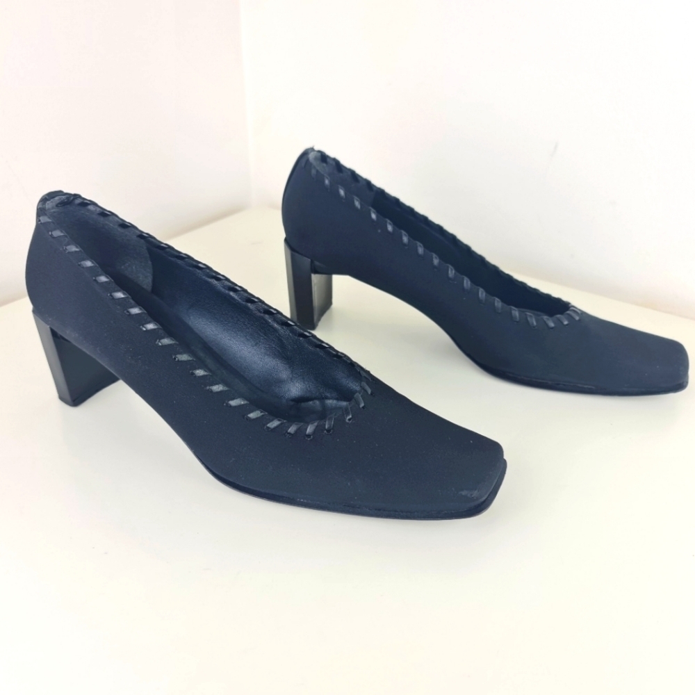 Vintage Stuart Weitzman Square Toe Block Heel Pumps in Black Satin Size 10AA